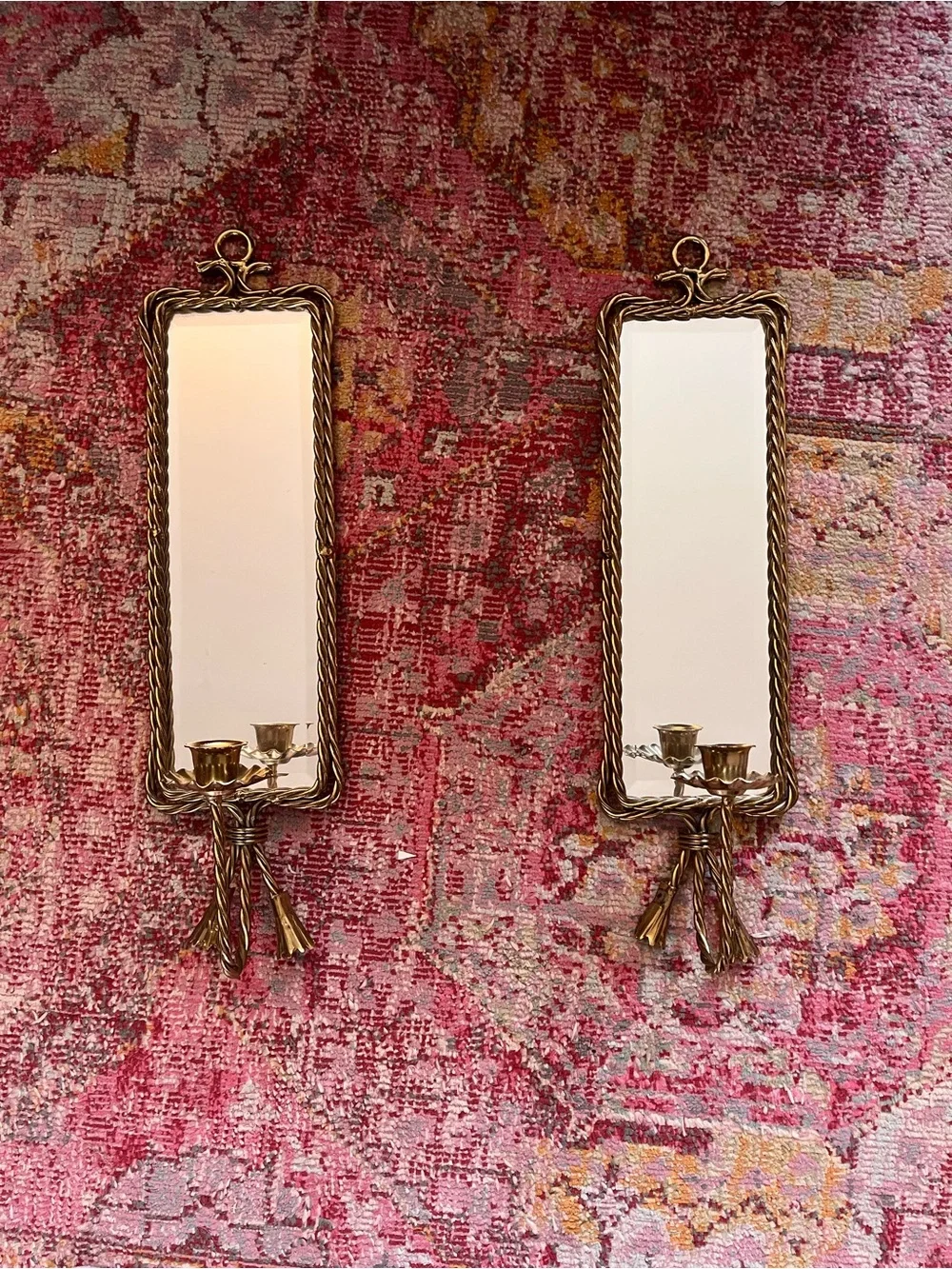 Gold Rope Frame Wall Mirror with Candle Holders - Gold